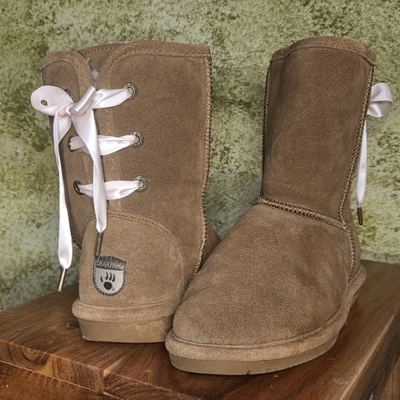 EUC BearPaw Elizabeth II Women's Brown Boots with Pink Ribbon Sz 5 - Picture 2 of 12